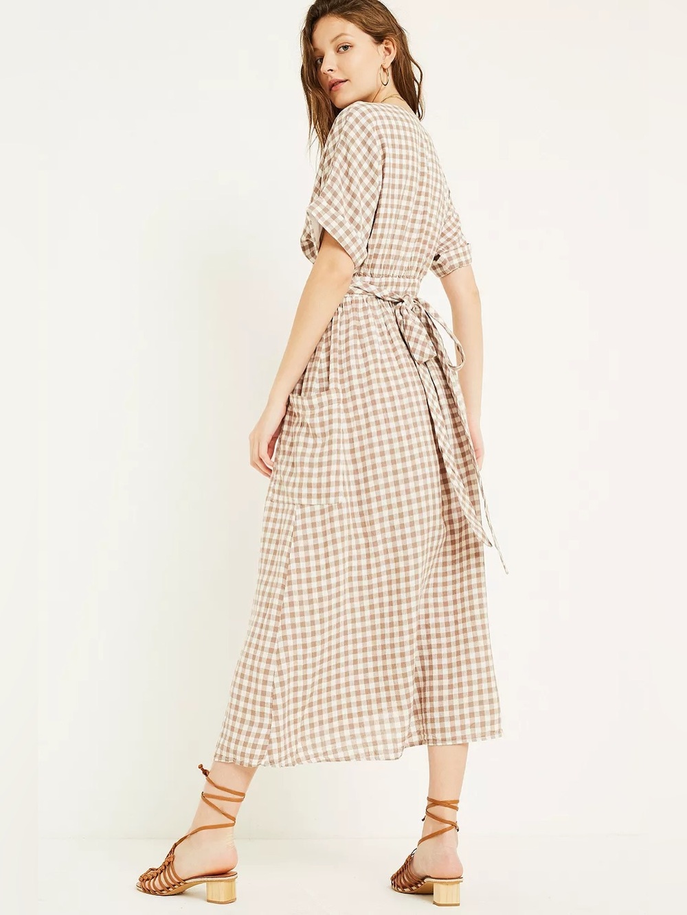 Urban Outfitters Gabrielle Linen Wrap Midi Dress Medium Tan Gingham - Picture 2 of 10